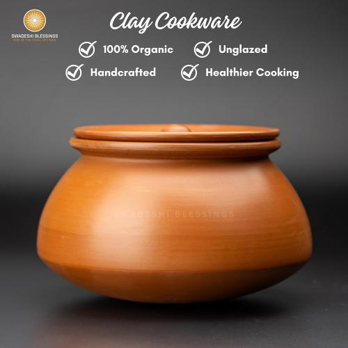 Swadeshi Blessings HandMade Exclusive Range Unglazed Mud/Earthen Handi/Mitti Ke Bartan/Clay Pot for Cooking & Serving with Lid, 3 Liters (with Mirror Shine)   Free Palm Leaf Stand
