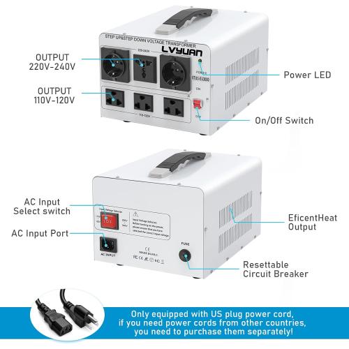 LVYUAN Heavy Duty 3000W Voltage Transformer Converter Step Up/Down Converter 110/120 Volt - 220/240 Volt with 3 US,2 European,1 Universal Outlets and CE Certified,Circuit Break Protection
