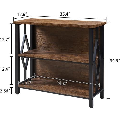 Size 35.43W x 12.6D x 30.9H.HOMISSUE Bookshelf, 3-Tier Rustic Short Bookshelf, Industrial Shelf Bookcase with Engineered Wood Shelves, Low Bookcase with Storage, Small Shelf for Living Room, Bedroom and Office, Rustic Brown