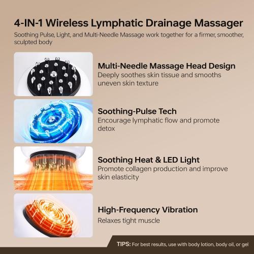 Lymphatic Drainage Massager,4-in-1 Electric Body Sculpting Brush,Helps Reduce Stretch Marks&Cellulite for Relaxation,Multi-Speed Anti Cellulite Massage Tool for Belly Legs Arms(White)