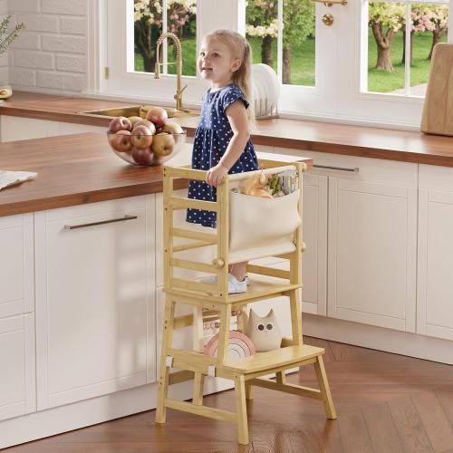 Amazer Bamboo Toddler Step Stool, Anti-Tip Toddler Kitchen Stool Helper with Push-Pull Safety Rail, Non-Slip Kids Step Stool with Safety Net, Kids Standing Tower for Bathroom Sink and Kitchen Counter
