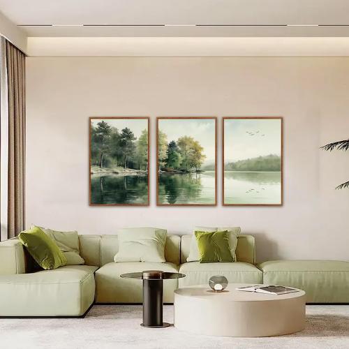 KAIRNE Framed Nature Canvas Wall Art Set,Misty Forest Wall Decor,Green Mountain Forest Pictures,Lake Water Painting set of 3(24”x36”),Landscape Scene Print for Living Room, Bedroom,Gallery Decor