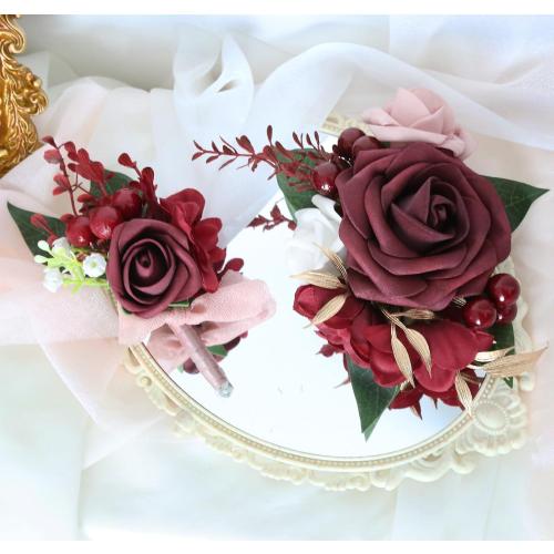 2Pcs Wedding Corsage and Boutonniere Set Burgundy Rose Corsage Wristlet and Boutonniere for Men Women Groom Bride Bridesmaid Groomsmen Wedding Party Accessory Prom Decoration (Burgundy)