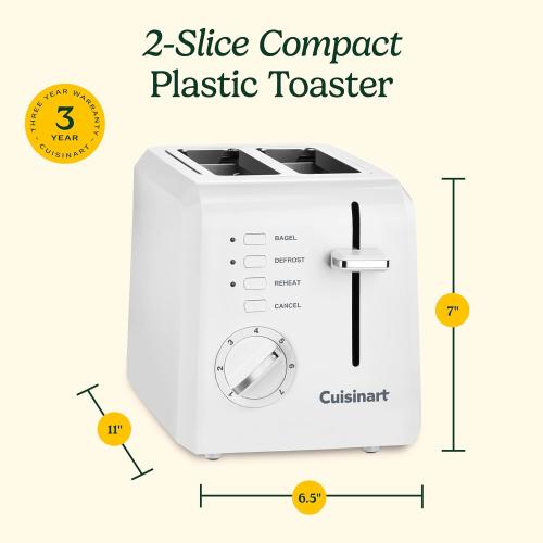 Cuisinart CPT-122 2-Slice Compact Plastic Toaster, Slots for Bagels & Bread, 7 Shade Settings, Cancel/Defrost/Reheat Functions, Removable Crumb Tray, Small Kitchen Appliance for Home & Office, White