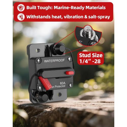 60A Marine Circuit Breaker 12V-48V Manual Reset for Trolling Motor