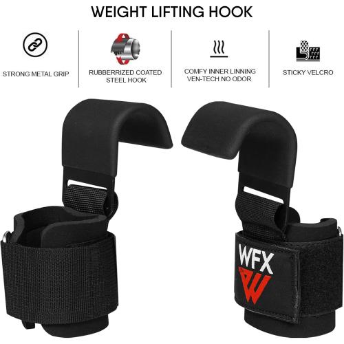 WFX Weight Lifting Hooks, Non-Slip Rubber Coated Grips, 7mm Neoprene Wrist Support Padding, Power Lifting Barbell Rows Dead Lifts Chin Pull Up Fitness Strength Training Straps Gym Workout Straps