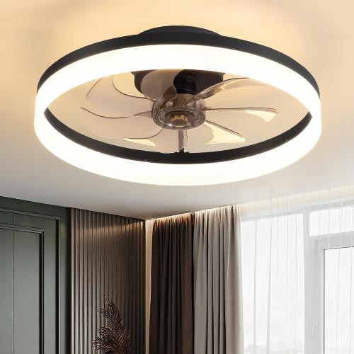 PUSU 15.8 Low Profile LED Ceiling Fans with Light, Reversible Flush Mount with Remote and 6 Winds Speeds Fan Lighting, 3 Colors Dimmable for Bedroom, Garage, Kids, Dinning Room, Kitchen (Black)
