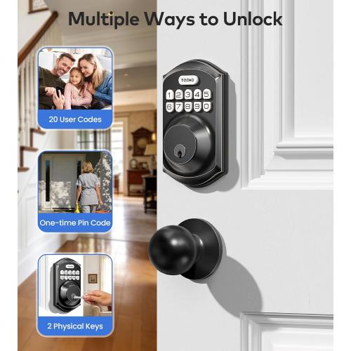 TEEHO TE001K Keyless Entry Door Lock with Handle, Electronic Keypad Deadbolt with 2 Knobs, High-Security Front Door Handle Set for Home & Rental, Smart Auto-Locking, Easy Install, Matte Black
