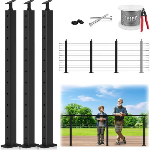 42 One-Stop Cable Railing Post Kits 3 Pack, Adjustable Top Level Drilled Deck Post, Cable Railing System Including 3 Railing Post, 151ft Cable, 24 Terminal, 72 Cable Grommets (No Handrail)