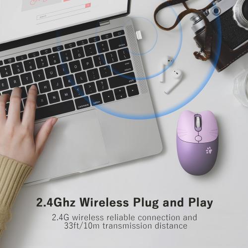 Cute Cat Wireless Mouse, 2.4GHz Wireless Silent Mouse, USB Receiver Plug and Play, 3 Adjustable DPI, Compatible with Notebook, PC, Laptop, Computer- Purple Colorful