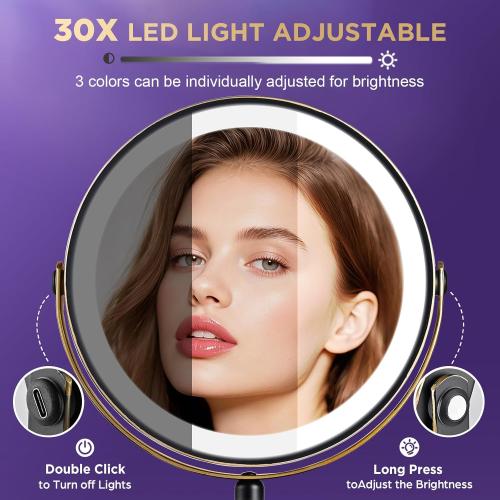 30x Magnifying Mirror with Light, Matte Black with Gold Trim, Makeup Mirror with 3 Color Lights & Brightness Adjustable, 5000mAh Rechargeable Vanity Mirror, Modern Style Side Touch   Side Charge