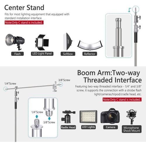 Neewer 10 Feet/3 Meters Adjustable C-Stand Light Stand with 4 Feet/1.2 Meters Extension Boom Arm, 2 Pieces Grip Head and Carry Bag for Photography Studio Video Reflector, Umbrella, Monolight, etc