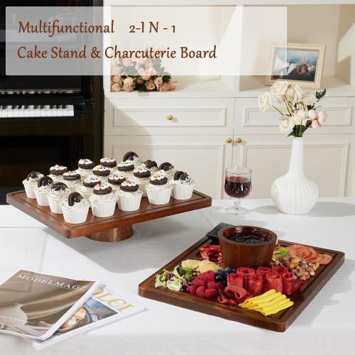HouseJoy Acacia Wood Cake Stand with Lid-Extra Large 17 Rectangular Cake Holder,2-in-1 Dessert Table Display Set & Charcuterie Board,Acrylic Cake Dome Cover for Cheese/Veggie/Desert /Chips & Dip