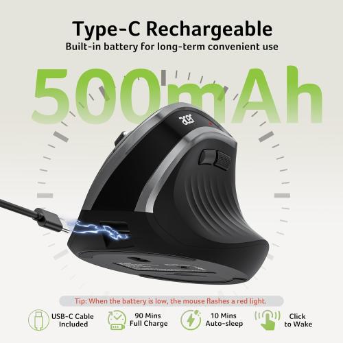 acer Ergonomic Mouse Wireless, Vertical Computer Mouse for Office, Ergo Mice Rechargeable for Medium to Large Sized Hands, 2.4GHz USB Receiver, 800/1200/1600 DPI, 6 Buttons for Laptop, PC and Desktop