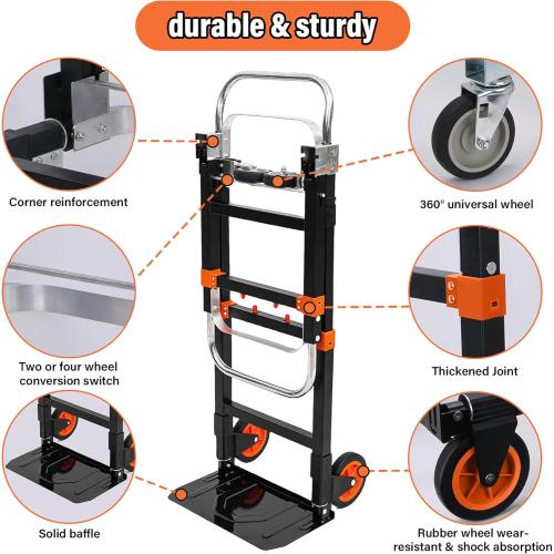 Upgraded 3 in 1 Folding Hand Truck, 500lbs Capacity Heavy Duty Convertible Dolly cart with Rubber Wheels, Collapsible Hand Truck Foldable with Telescopic Handle, Trolley for Moving, Office, Warehouse