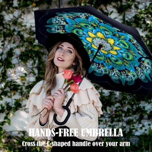 Inverted Umbrella, Windproof Reverse Umbrellas for Rain with Reversible Inside-Out Design Large Upside Down Umbrella for Women & Men with C-shaped Handle (Peacock)