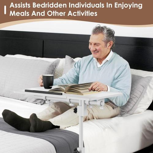 Height Adjustable C-Shaped Table with Removable Wheels, Mobile Sofa Snack Table with Tiltable Top, Adjustable Laptop Stand for Couch, Bedside Desk with Pen Slot, White