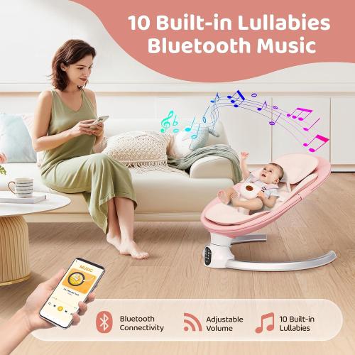 Baby Swing for Infants - Electric Baby Rocker with Exclusive App Function, Upgraded 5 Point Harness, Bluetooth Support, 10 Preset Lullabies and 5 Speeds, Portable Swing for Baby Boy Girl（Pink）