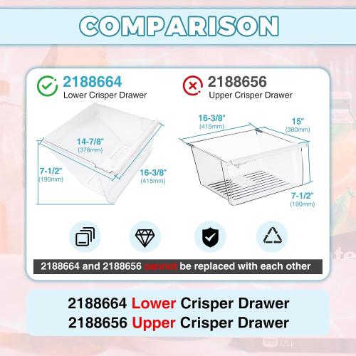 Kojem 2188664 Crisper Drawer Bin (Lower) Replacement for WP2188664 Compatible with Whirlpool, Kenmore, Maytag, Kitchenaid Refrigerator Clear Crisper Pan W/White Handle Plastic（PS)