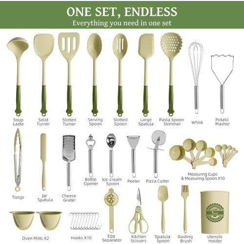Kikcoin 43Pcs Kitchen Utensils Set - Silicone Cooking Utensil Set, Dishwasher Safe Spatula for Non-stick Cookware, 446°F Heat Resistant Kitchen Gadgets with Holder BPA Free, Avocado Green