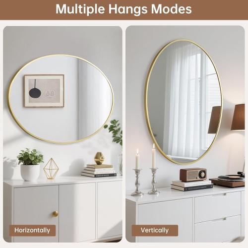 Gold Oval Mirror for Bathroom, 26x38 Inch Oval Bathroom Mirror with Brushed Metal Frame, Wall Mounted Decorative Vanity Mirror for Bathroom, Living Room, Entryway