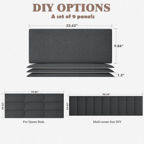 Color Beige Upholstered Headboard for Queen Size Bed, Wall Mounted & Peel and Stick Headboard, Soundproof DIY Wall Panels, Fabric Tufted Head board in Modern Design for Bedroom (9 Panels, Each 23.62x9.84）