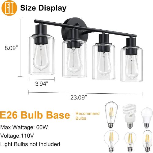 Pia Ricco Bathroom Vanity Light Fixtures, 4-Light Black Vanity Lights with Clear Glass Shades, Modern Wall Sconces Over Mirror, Bath Wall Sconces for Mirror Living Room Bedroom Hallway‼️doesn't come with light bulbs‼️