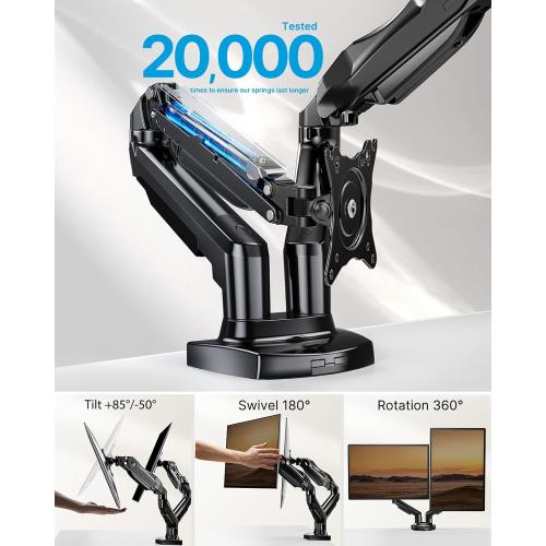 HUANUO Dual Monitor Stand - Full Adjustable Monitor Desk Mount Swivel Vesa Bracket with C Clamp, Grommet Mounting Base for 13 to 32 Inch Computer Screens - Each Arm Holds 4.4 to 19.8lbs