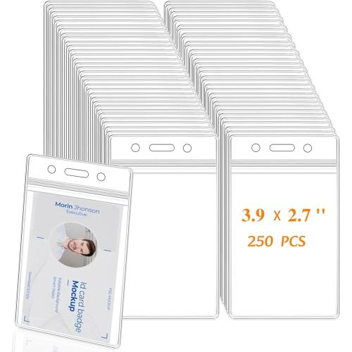 3.9 x 2.7 Clear 250 Pack Name ID Badge Holder-Plastic Badge Holder for Lanyard, Vertical Extra Thick Waterproof Name tag Holder for School/Office/Hospital/Exhibition/Party/Cards Credit Card