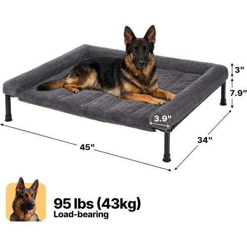 Veehoo Elevated Dog Bed Large Sized with Fluffy Plush Bolster Cushion, Washable Orthopedic Dog Couch Bed, Cooling Raised Pet Cot with Removable Mat, Breathable Mesh, No-Slip Feet, 45 x 34 inches, Grey