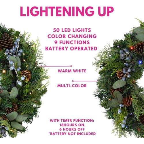 Prelit 24 Holiday Wreath – Lifelike Mixed Artificial Pine & Cedar with Blueberries and 50 Battery-Operated Color-Changing LED Lights, Steady, Twinkle Lights