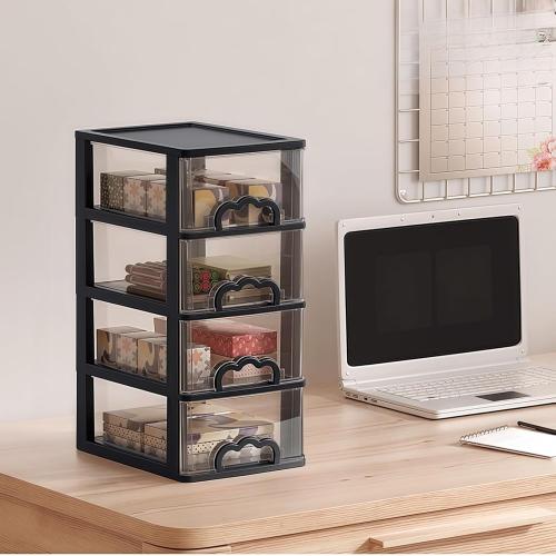 Desktop Organizer with 4 Drawers, Clear Plastic Storage Drawer Unit, Small Desk Organizer Storage Box, Durable Storage Bin Container Case for Countertop Stationery Pens Makeup Office Supplies