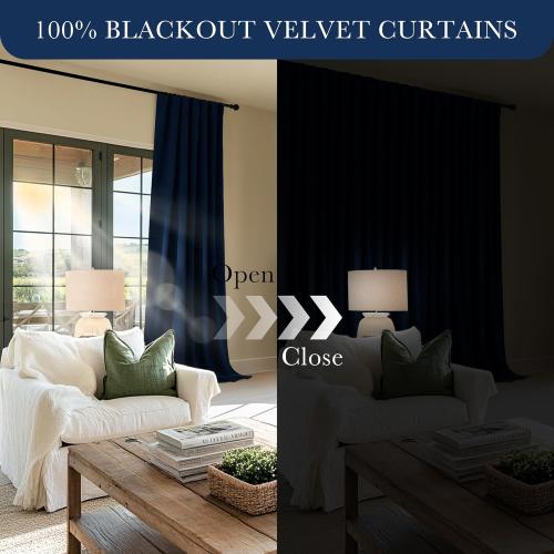 PONY DANCE 100% Blackout Cutains 90 inch Length 2 Panels Set, Navy Blue Velvet Thermal Insulated Window Drapes for Bedroom, Luxury Black Out Rod Pocket Back Tab Curtains for Living Room, W52 x L90