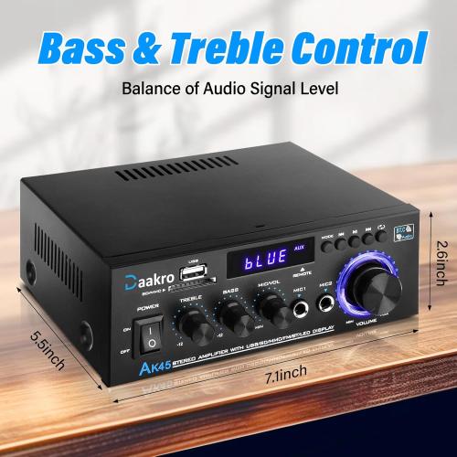 AK45 Stereo Audio Amplifier,300W Home 2 Channel Wireless Bluetooth 5.0 Power Amplifier System, Home Amplifiers FM Radio, USB, SD Card, with Remote Control Home Theater Audio Stereo System