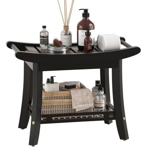 Eastglory Bamboo Shower Bench Chair Bathroom Shower Stool Seat for Inside Shower Bathtub with Storage Shelf Shower Foot Rest for Shaving Legs 25.2 x 13 x 19.2 Inches Black