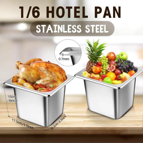 Baderke 4 Pack 1/6 Size Hotel Steam Table Pans with Lids, 6 Inch Deep 0.7 mm Thick 304 Stainless Steel Hotel Pans for Food Warmer, Cooking, Catering, Buffet and Commercial Kitchen Use