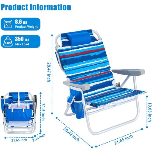 SUNNYFEEL Low Beach Chair 2 Pack, 5-Position Lay Flat Reclining, Backpack Portable Folding Chairs with Cooler Bag & Cup Holder, Heavy Duty 350 LBS, Compact for Beach, Camping, Travel