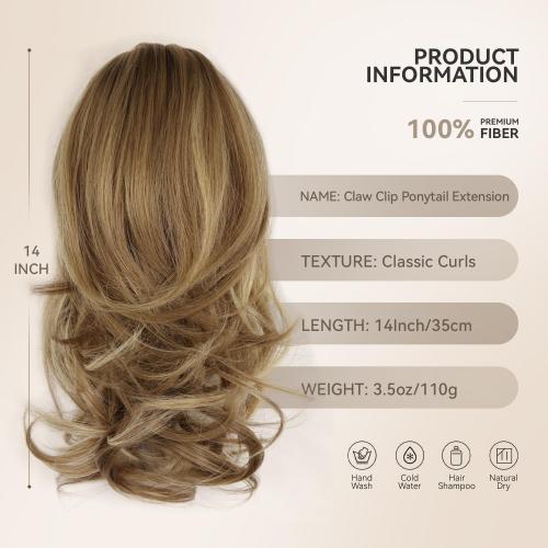 14 Inch Ponytail Extension - Wavy Pony Tails Hair Extensions, Claw Clip Ponytail Extension, Synthetic Hair Extensions Ponytail, Clip on Ponytails for Women (Light Brown With Beige Highlights)