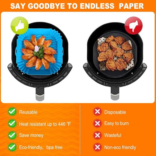2 PCS Square Silicone Air Fryer Liners - 8 Inch Reusable Air Fryer Pot - Air Fryer Accessories - Air Fryer Inserts for 4 to 7 QT Oven Microwave Accessories (Red   Blue)