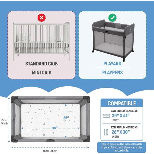 Pack n Play Mattresses (38x26x1.5) Bamboo Cover,Breathable,0 Waterproof,Non-Toxic,Washable I Dual-Sided Gel Memory Foam I Toddler&Baby Pack and Play Mattress Pad Fits Playard&Playpen