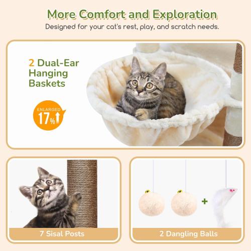 Globlazer Heavy Duty Cat Tree, 74in Sturdy Cat Tower for Large Cats Adult, Big Cat Tree with 7 Sisal Scratching Posts, 2 Padded Condos, 2 Dual-Ear Hanging Baskets, Enlarged Top Perch, S74, Beige