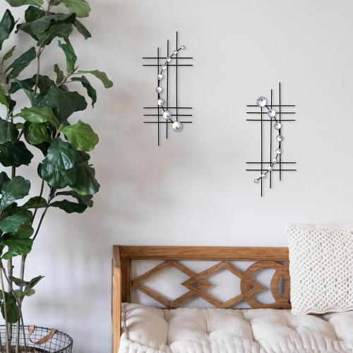 ZEXUIRU 2 Pack Black Abstrac Wall Decor – Metal Crystal Wall Art with Sparkling Rhinestones, 16.5’’/24 Inch Wall Hanging Set for Living Room Bedroom Bathroom – Modern Bling Home Decorations