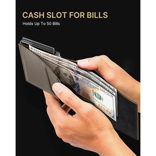 typecase Mens Wallet Card Holder: Pop Up Aluminum Case, Carbon Fiber Leather, Smart, RFID Blocking, Slim, Minimalist, Front Pocket - 9-14 Card Capacity | ID Window | Cash Slot (Map)