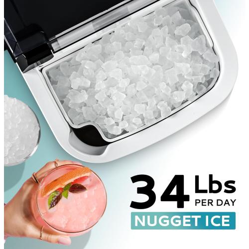 EUHOMY Nugget Ice Maker Countertop with Handle, Ready in 6 Mins, 34lbs Per Day, Removable Top Cover, Auto-Cleaning, Portable Sonic Ice Maker with Basket and Scoop, for Home/Party/RV/Camping (Black)