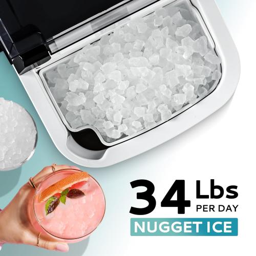 EUHOMY Nugget Ice Maker Countertop with Handle, Ready in 6 Mins, 34lbs/24H, Removable Top Cover, Auto-Cleaning, Portable Sonic Ice Maker with Basket and Scoop, for Home/Party/RV/Camping. (Black) 34LBS Black 1