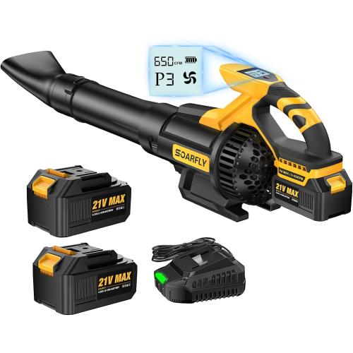 SOARFLY Cordless Leaf Blower – 650 CFM | 28,000 RPM Brushless Motor, 2×4.0Ah Battery & Fast Charger, 3-Speed Turbo Mode, Lightweight Electric Leaf Blower for Lawn Care, Patio, Snow, Leaves, Dust