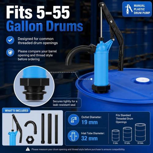 55 Gallon Drum Pump Plastic Hand Lever-Action Barrel Pump Fits 5-55 Gallon Drums - Transfers Motor Oil, Diesel, Lubricants, Kerosene, Gear Oil, Fuel, Water, Alcohol