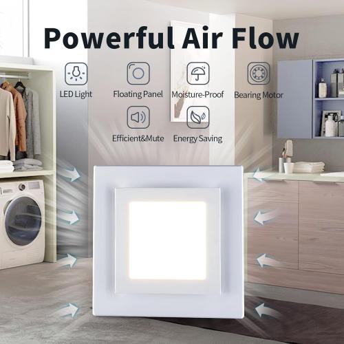 Zeyzer Bathroom Exhaust Fan with LED Light Square Quiet Modern Ceiling Mount Ventilation Fan Combination for Shower/Restroom/Office, 110 CFM 1.0 Sones 4 Inches Duct 110V, White