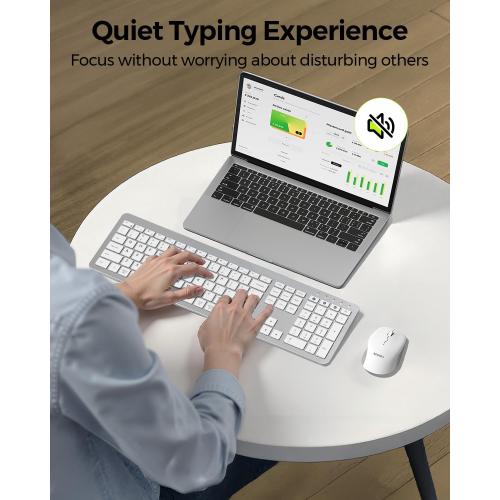 seenda Bluetooth Keyboard and Mouse, Wireless Keyboard Mouse Combo 2.4G Dual Bluetooth Multi-Device Connection Full Size Ultra-Slim Keyboard with Number Pad for Windows/Mac,White & Silver