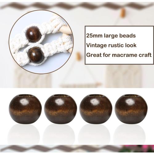 30 Pieces 25mm Wooden Beads for Craft, Brown Macrame Wood Beads with10mm Large Hole Wood Beads Dark Brown Round Dyed Loose Beads for Macrame DIY Handmade Decorations